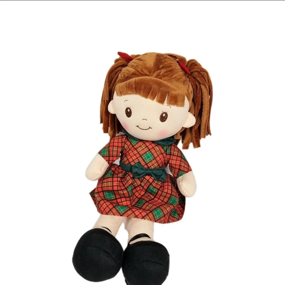 Plush Rag Doll Christmas Red Plaid Dress Bow Pigtails‎ Toy Holiday Plush